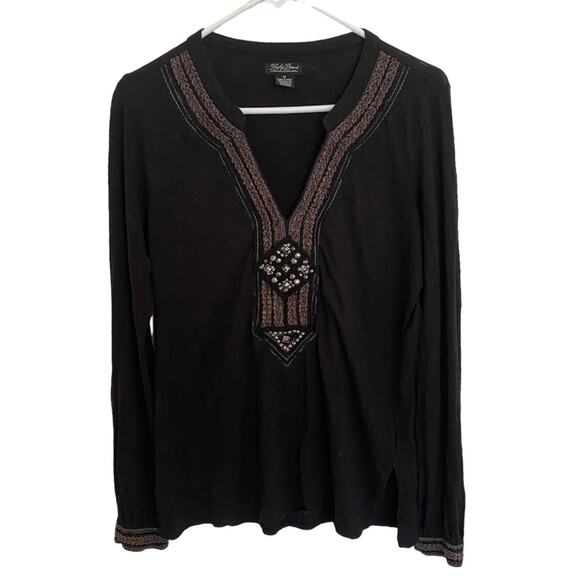 LUCKY BRAND LIVE IN LOVE boho embroidered hobo beaded neck long sleeve blouse M - Picture 1 of 4